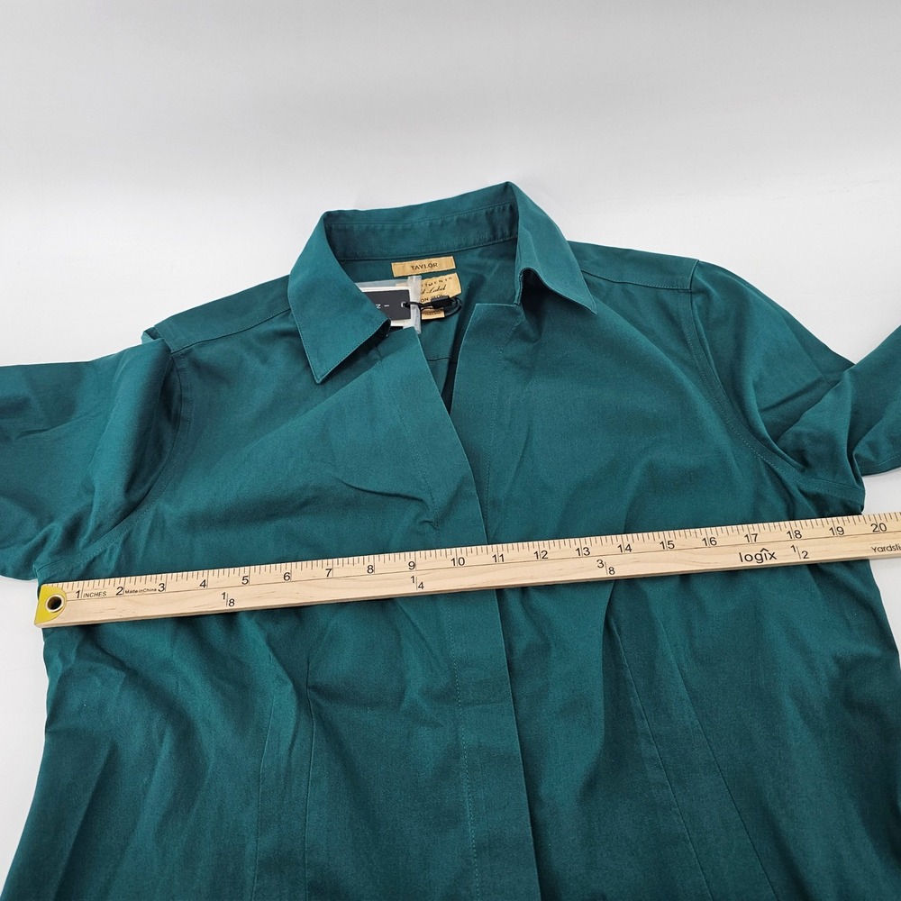 Taylor Investments Gold Label Shirt 12 Teal Non-Iron Cotton V-Neck Blouse NWT - Picture 3 of 9